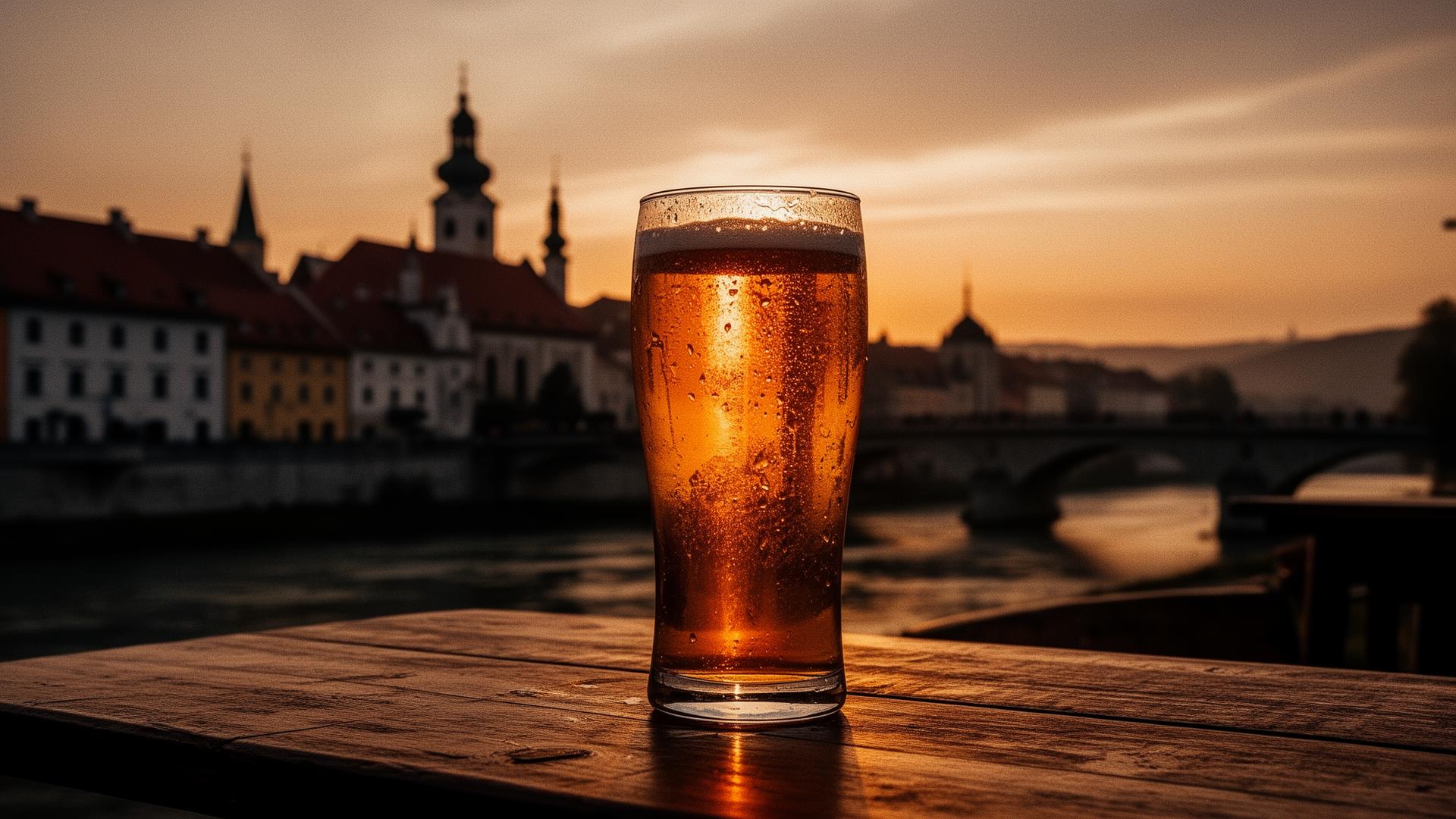 Vrček jantarnega lagerja na leseni mizi z obrisom mariborskega starega mestnega jedra ob sončnem zahodu